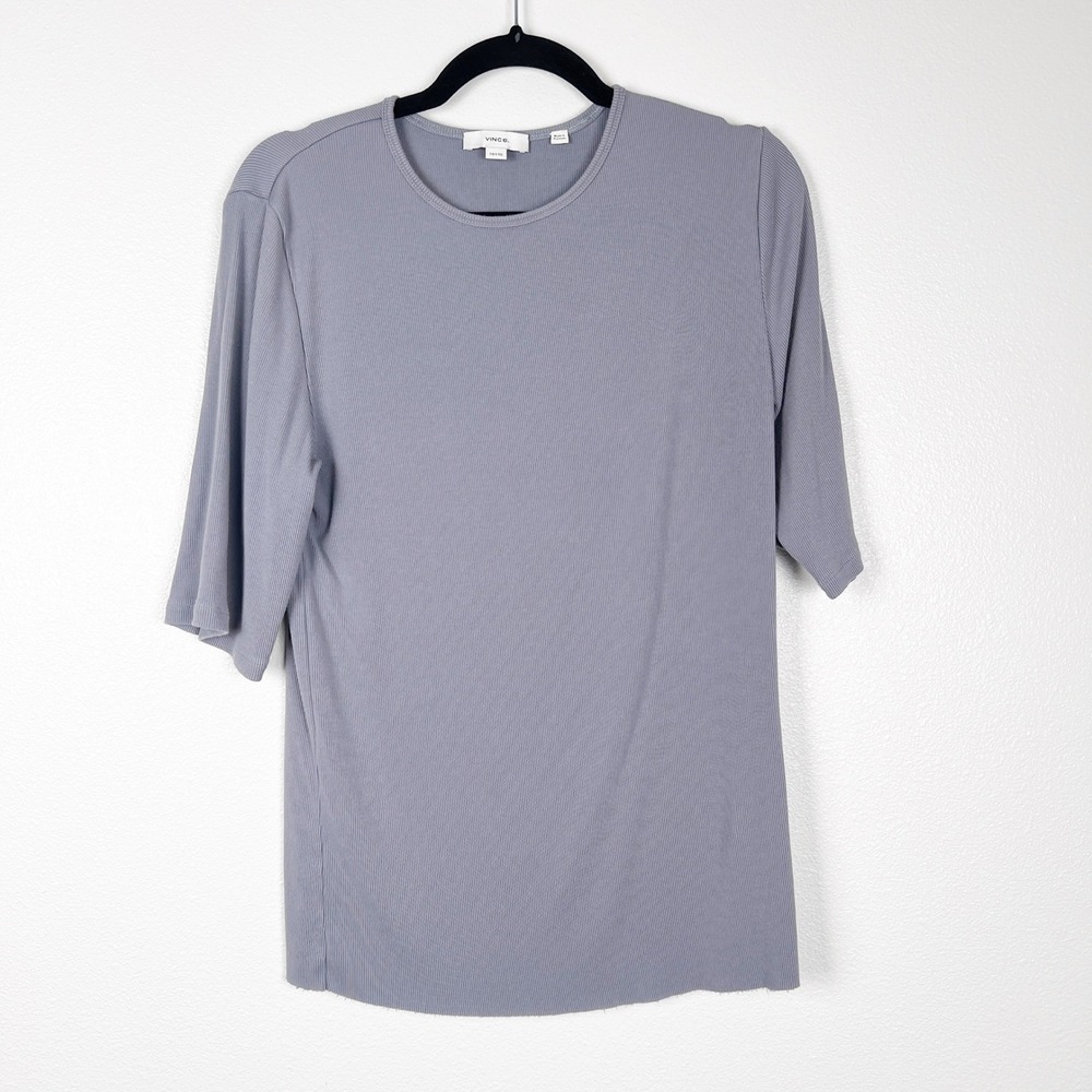 Vince Women's Short Sleeve Ribbed Tee Shirt Gray Sz 1X